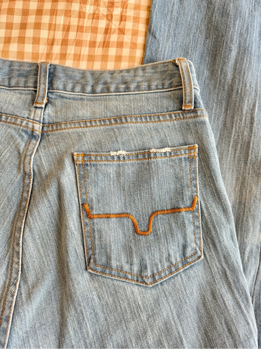 Kimes Ranch Jennifer light wash flare denim jeans with orange stitching
